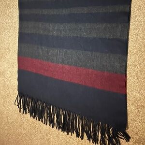 Beautiful Acrylic Navy Stripe Charcoal Heather Grey and Red fringe wide scarf